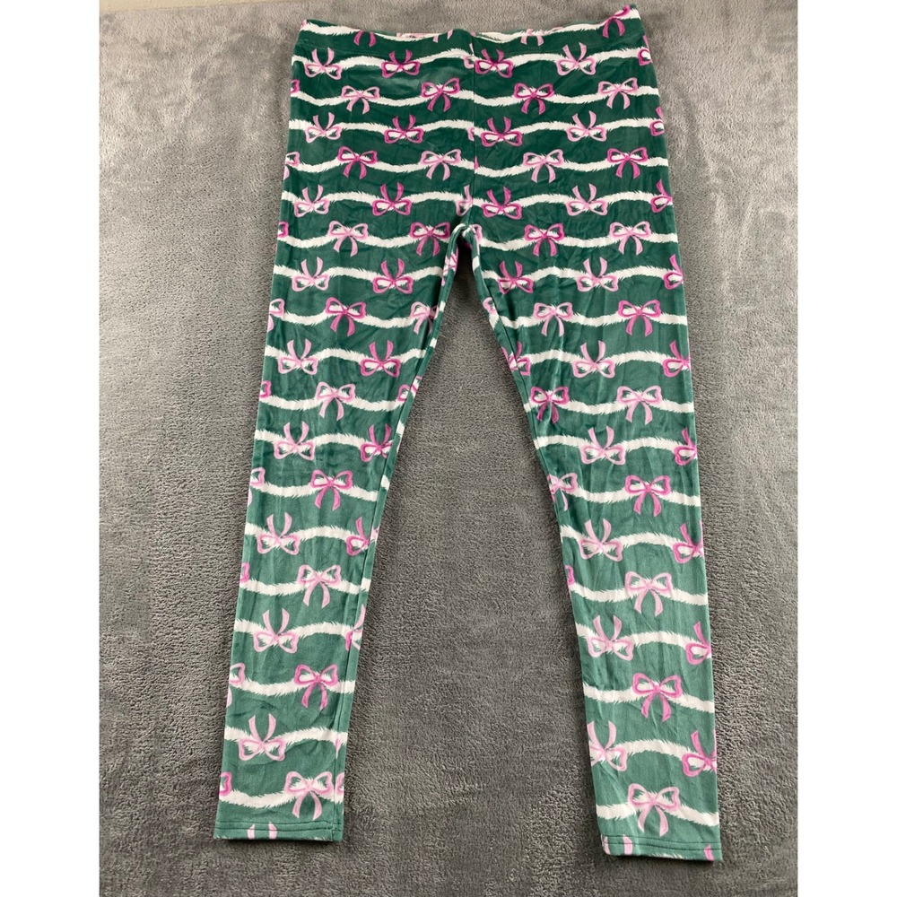 Serra Womens Ultra Plush Leggings Green Pink Bow Holiday Christmas XL 16-18 NEW